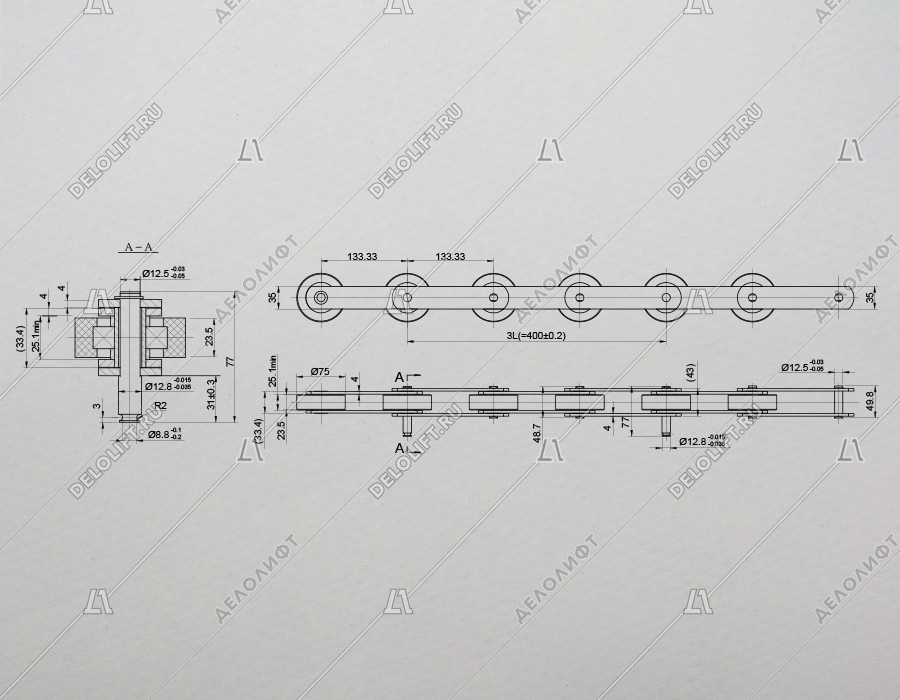 Цепь ступеней/тяговая, 13KV-C, шаг - 133,33 мм, ролик - 75x23,5 мм, палец - 77x12,8/12,5 мм, 105 kN (комплект на 6 ступеней)