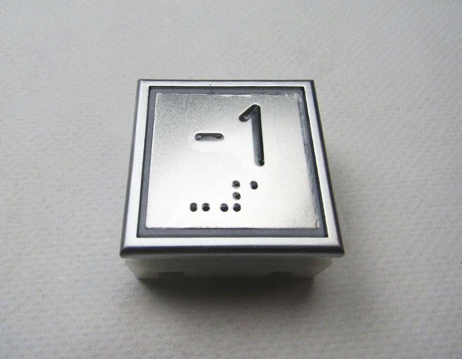 Кнопка вызова/приказа, KT40, 40×40, голубая подсветка, -1 этаж, низкая, с Брайлем