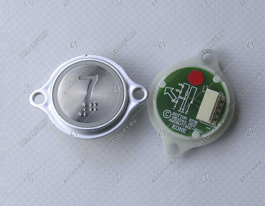 Кнопка вызова/приказа, AVDBUT, 7 этаж, круглая, серебристая поверхность, красная подсветка, с крепёжными отверстиями и Брайлем