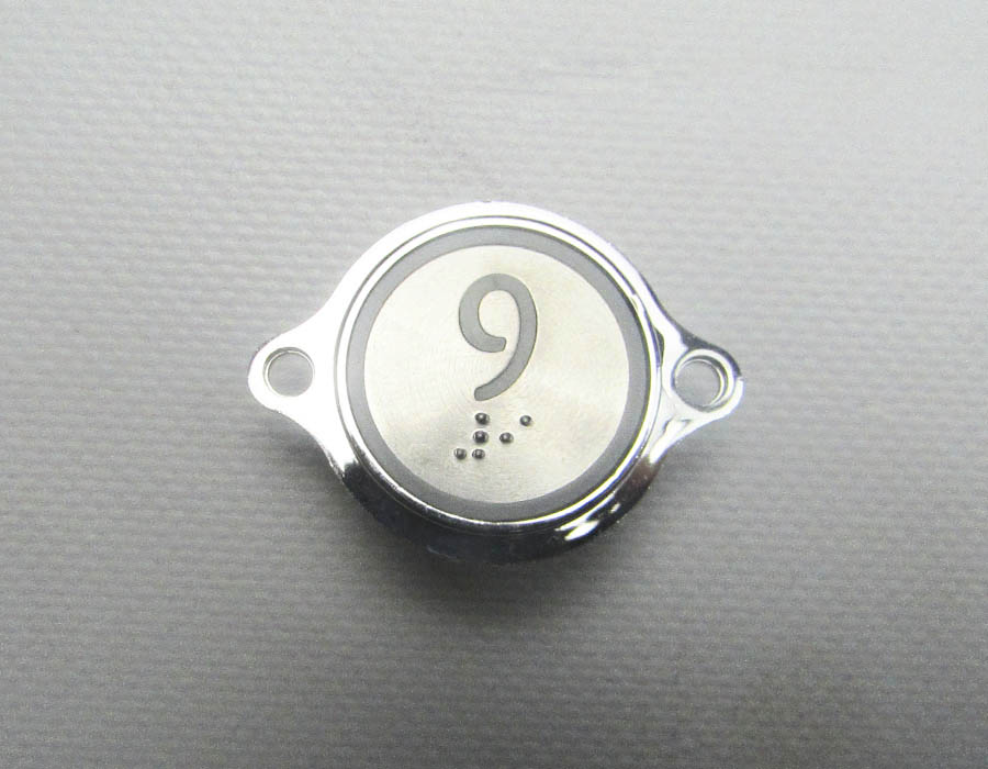 Кнопка вызова/приказа, AVDBUT, 9 этаж, круглая, серебристая поверхность, белая подсветка, нержавеющая сталь, с крепёжными отверстиями и Брайлем